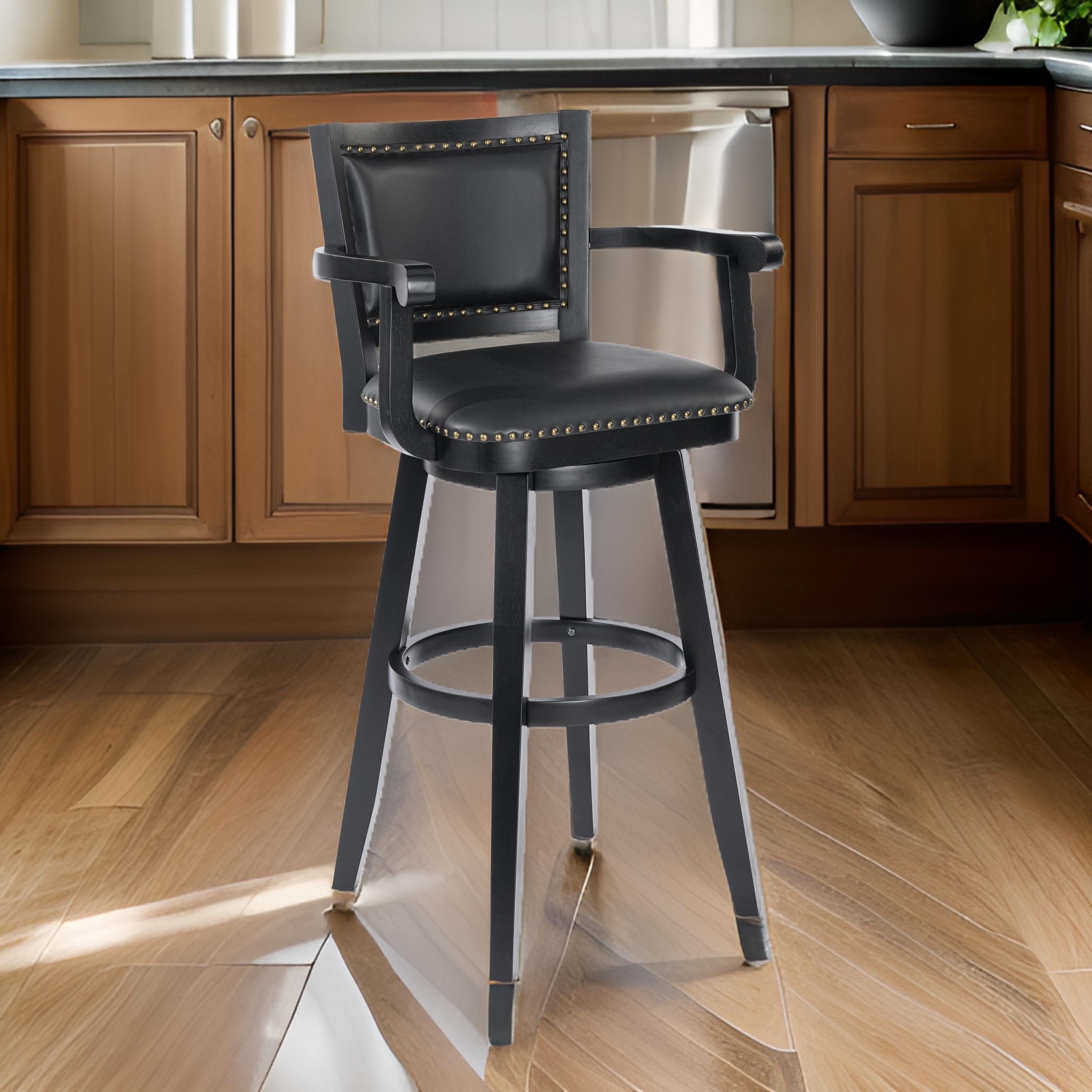 Benjara Kera 36 Inch Extra Tall Swivel Barstool Chair, Black Faux Leather, Nailhead