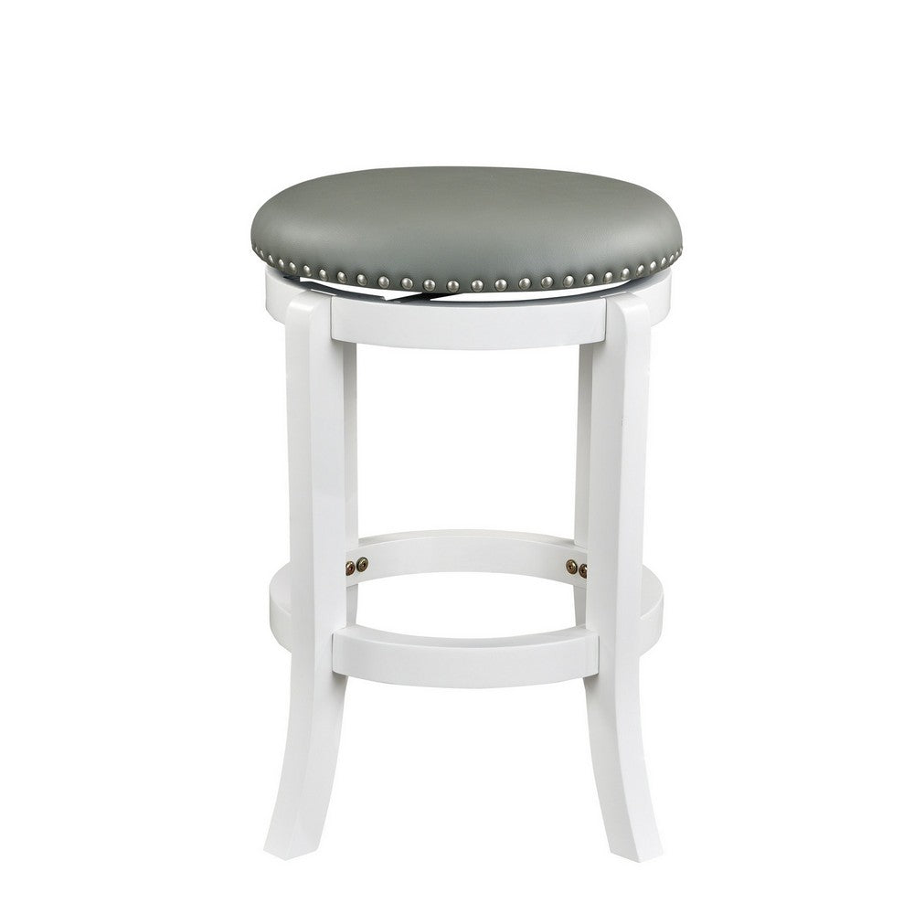 Benjara Ovi 25 Inch Backless Swivel Counter Stool, Gray Faux Leather, Nailhead Trim