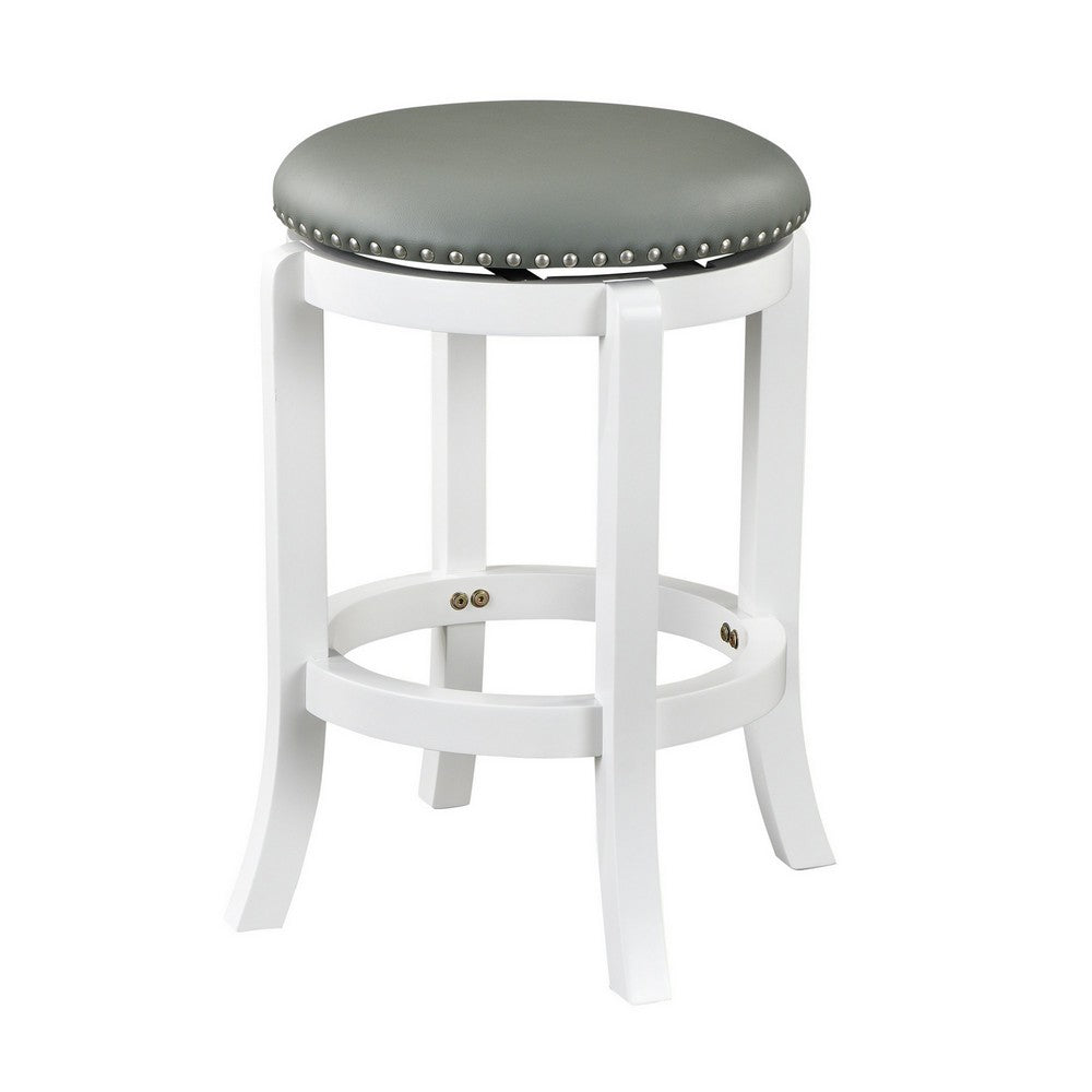 Benjara Ovi 25 Inch Backless Swivel Counter Stool, Gray Faux Leather, Nailhead Trim