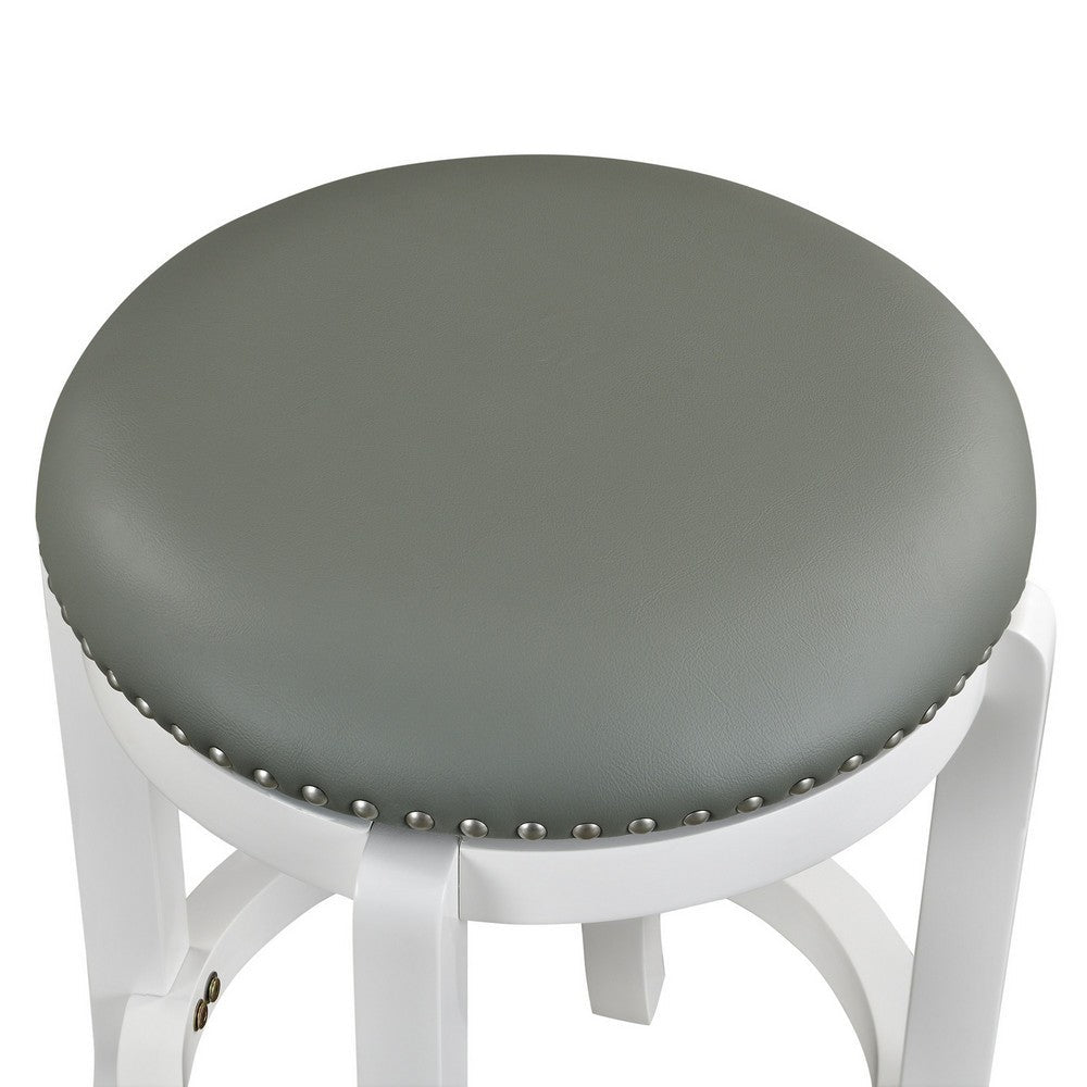 Benjara Ovi 25 Inch Backless Swivel Counter Stool, Gray Faux Leather, Nailhead Trim
