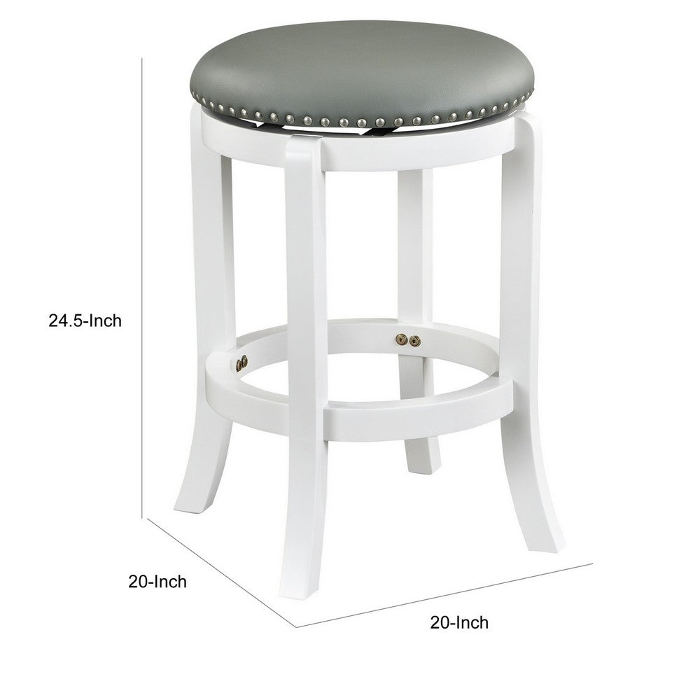 Benjara Ovi 25 Inch Backless Swivel Counter Stool, Gray Faux Leather, Nailhead Trim