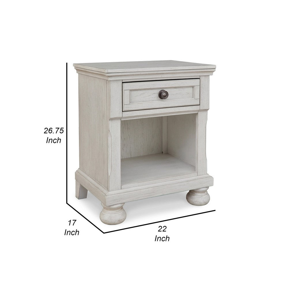 Benjara Lea 27 Inch Nightstand, Single Drawer Traditional Style, Open Cubby, White