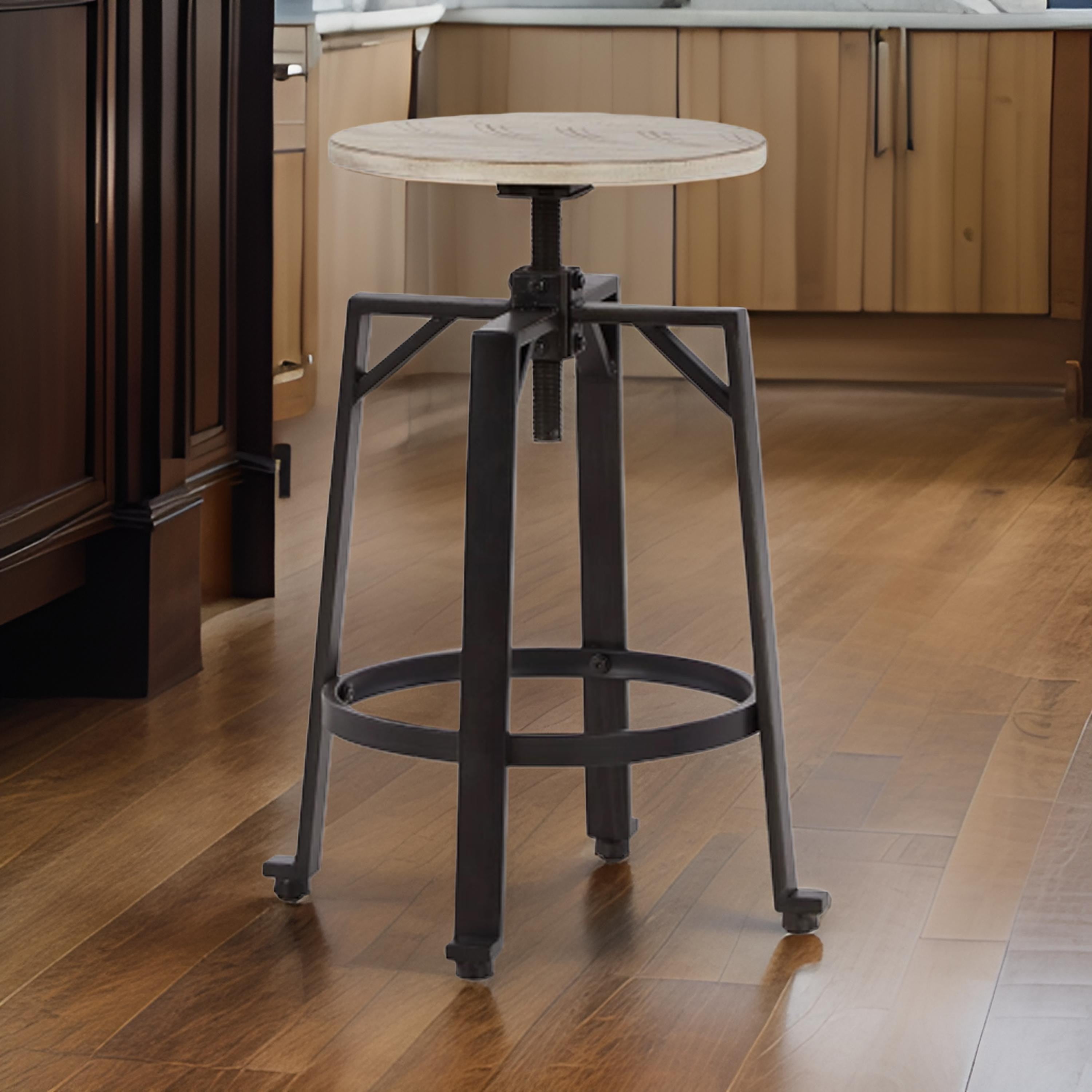 Benjara Xin 22-27 Inch Barstool, Set of 2, Adjustable Height, Light Brown, Black