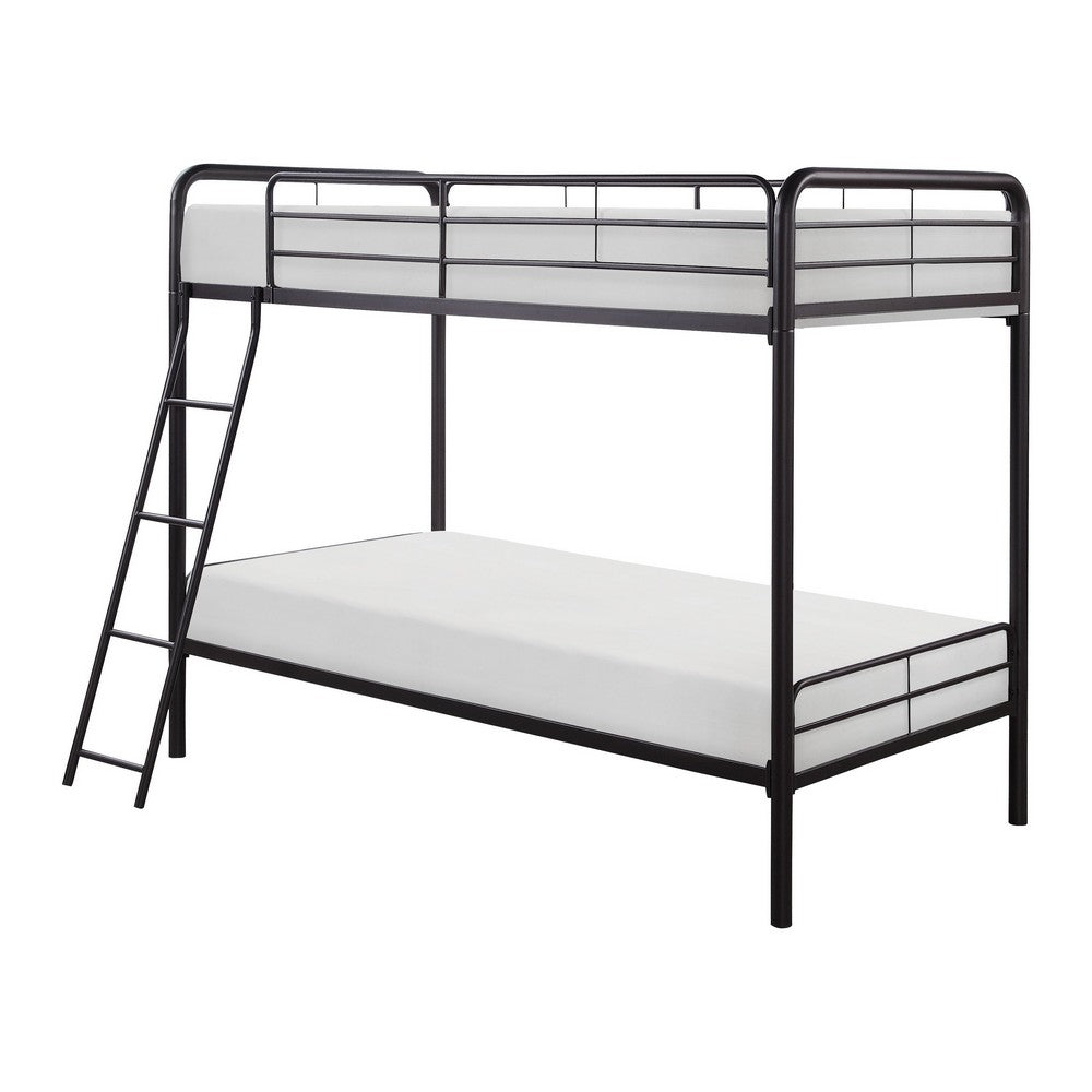Benjara Tara 79 Inch Twin Bunk Bed, Sleek Metal Frame with Ladder in Dark Bronze