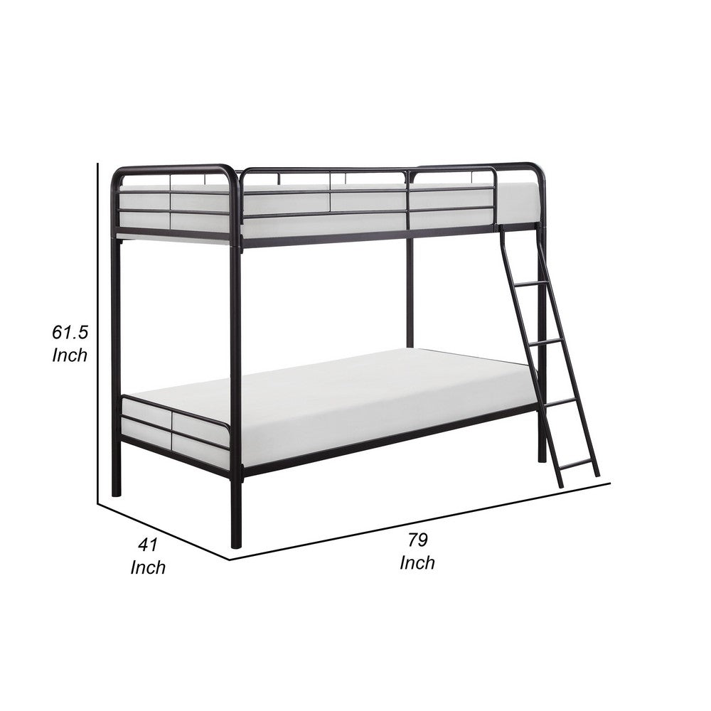 Benjara Tara 79 Inch Twin Bunk Bed, Sleek Metal Frame with Ladder in Dark Bronze