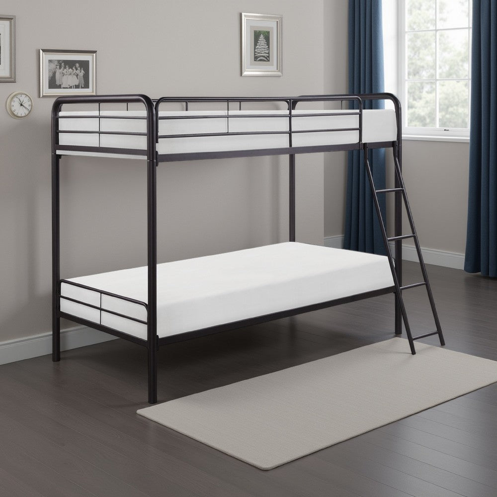 Benjara Tara 79 Inch Twin Bunk Bed, Sleek Metal Frame with Ladder in Dark Bronze