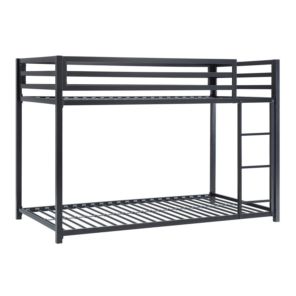 Benjara Ovi 78 Inch Twin Bunk Bed, Mounted Ladder, Ground Level Platform Bed, Black