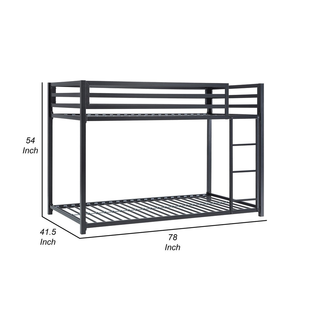 Benjara Ovi 78 Inch Twin Bunk Bed, Mounted Ladder, Ground Level Platform Bed, Black