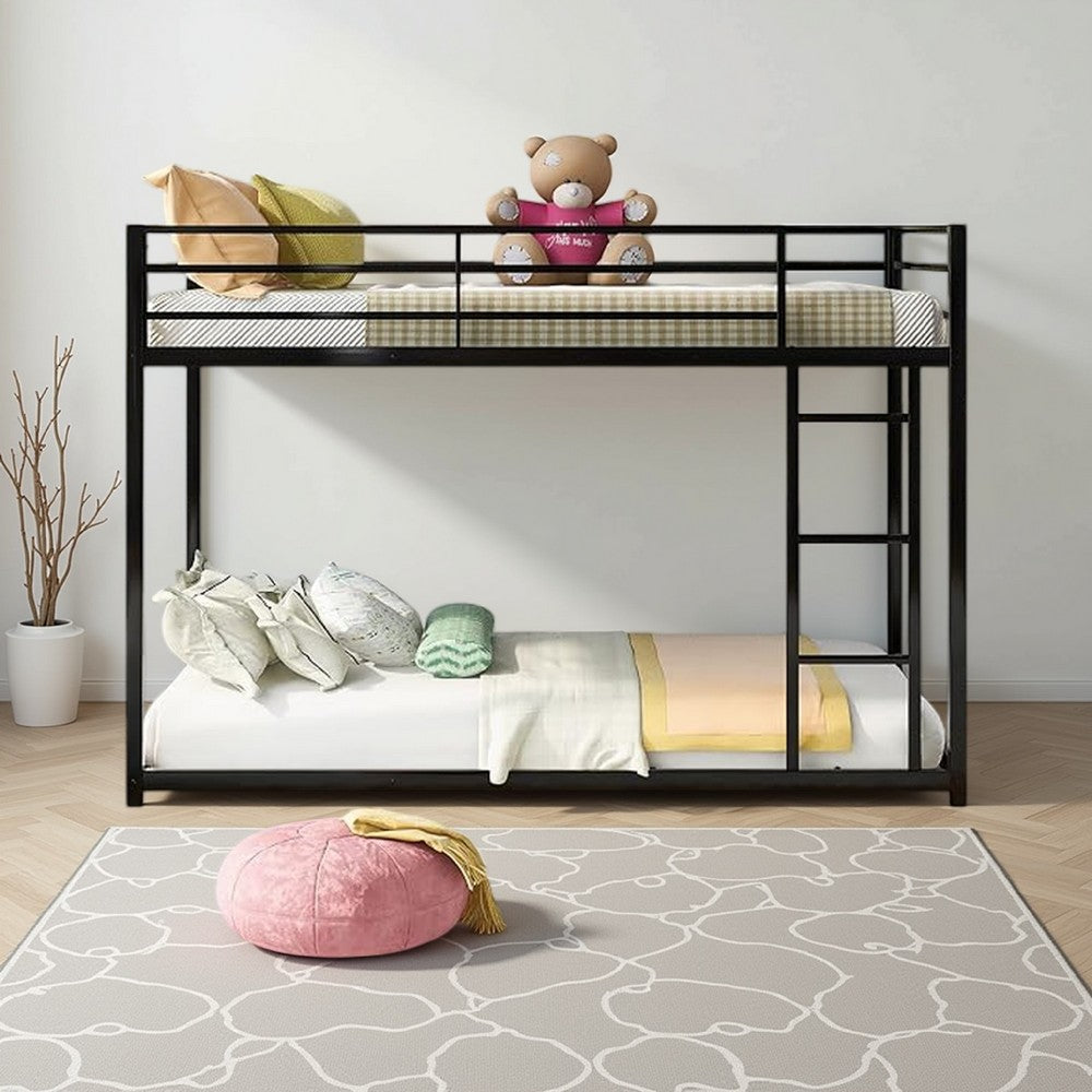 Benjara Ovi 78 Inch Twin Bunk Bed, Mounted Ladder, Ground Level Platform Bed, Black