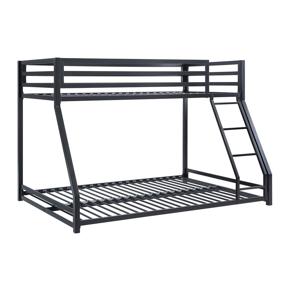 Benjara Ovi 78 Inch Twin over Full Bunk Bed, Ground Level Platform Bed, Black