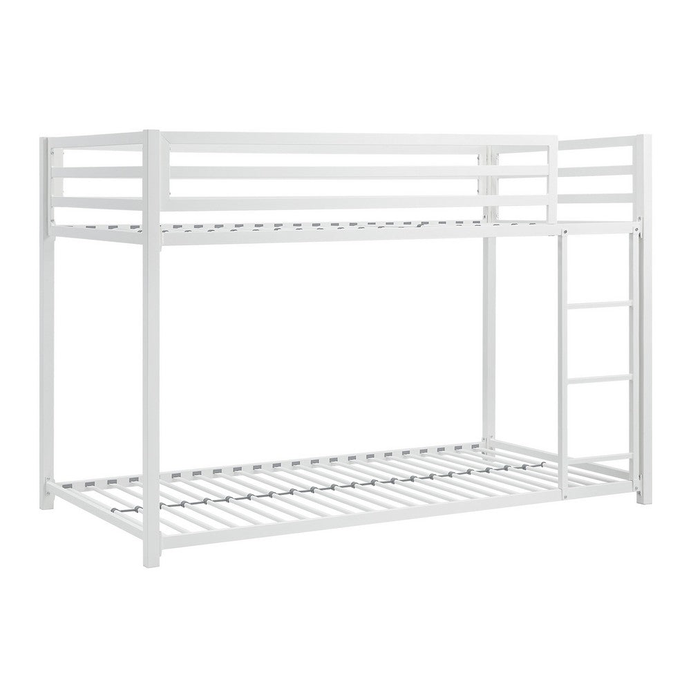 Benjara Ovi 78 Inch Twin Bunk Bed, Mounted Ladder, Ground Level Platform Bed, White