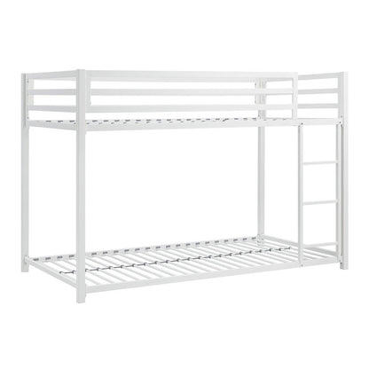 Benjara Ovi 78 Inch Twin Bunk Bed, Mounted Ladder, Ground Level Platform Bed, White