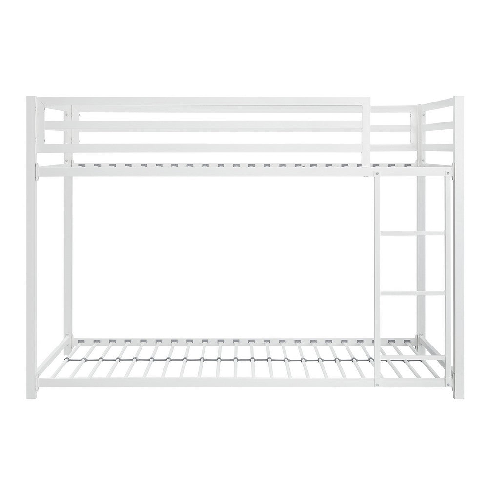 Benjara Ovi 78 Inch Twin Bunk Bed, Mounted Ladder, Ground Level Platform Bed, White