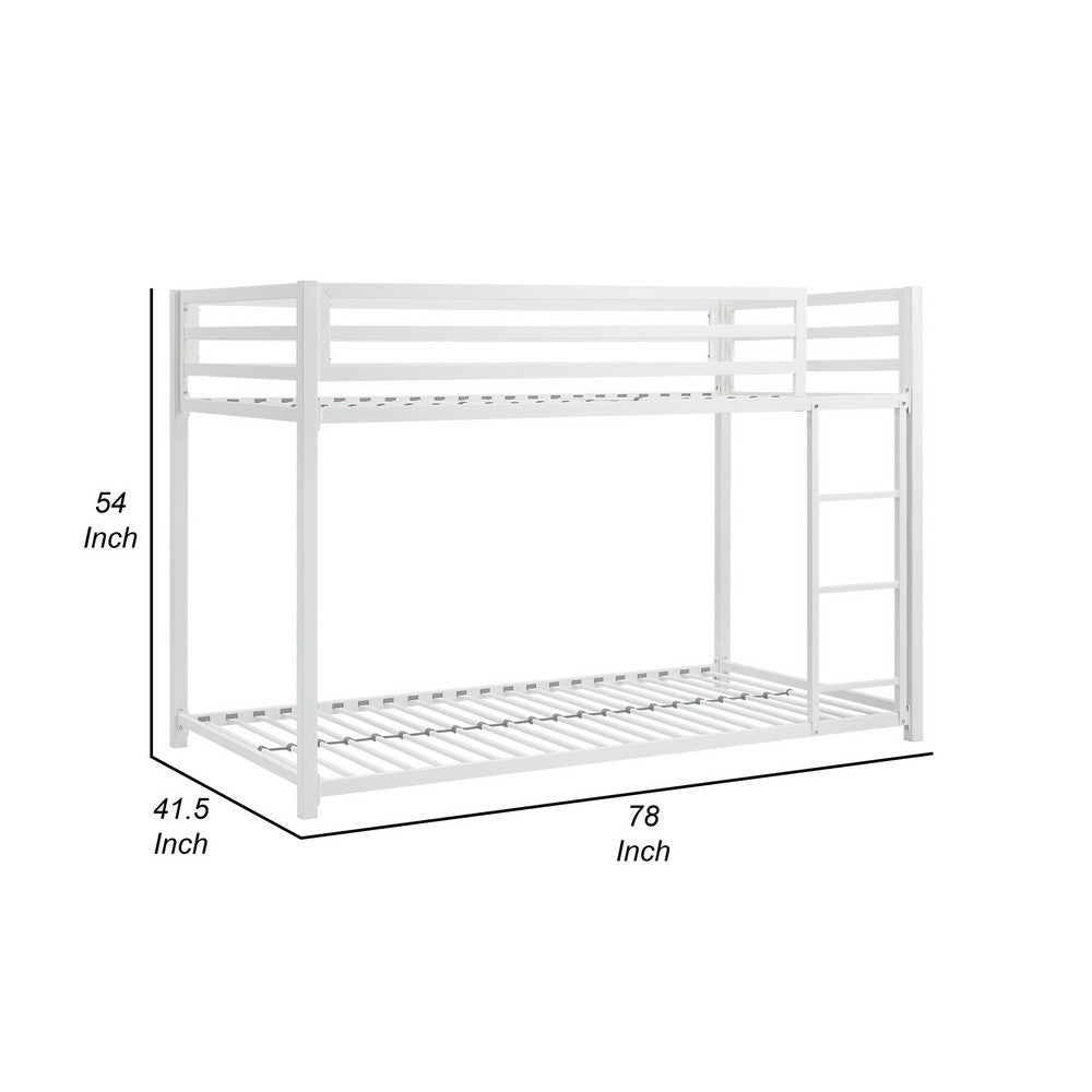 Benjara Ovi 78 Inch Twin Bunk Bed, Mounted Ladder, Ground Level Platform Bed, White