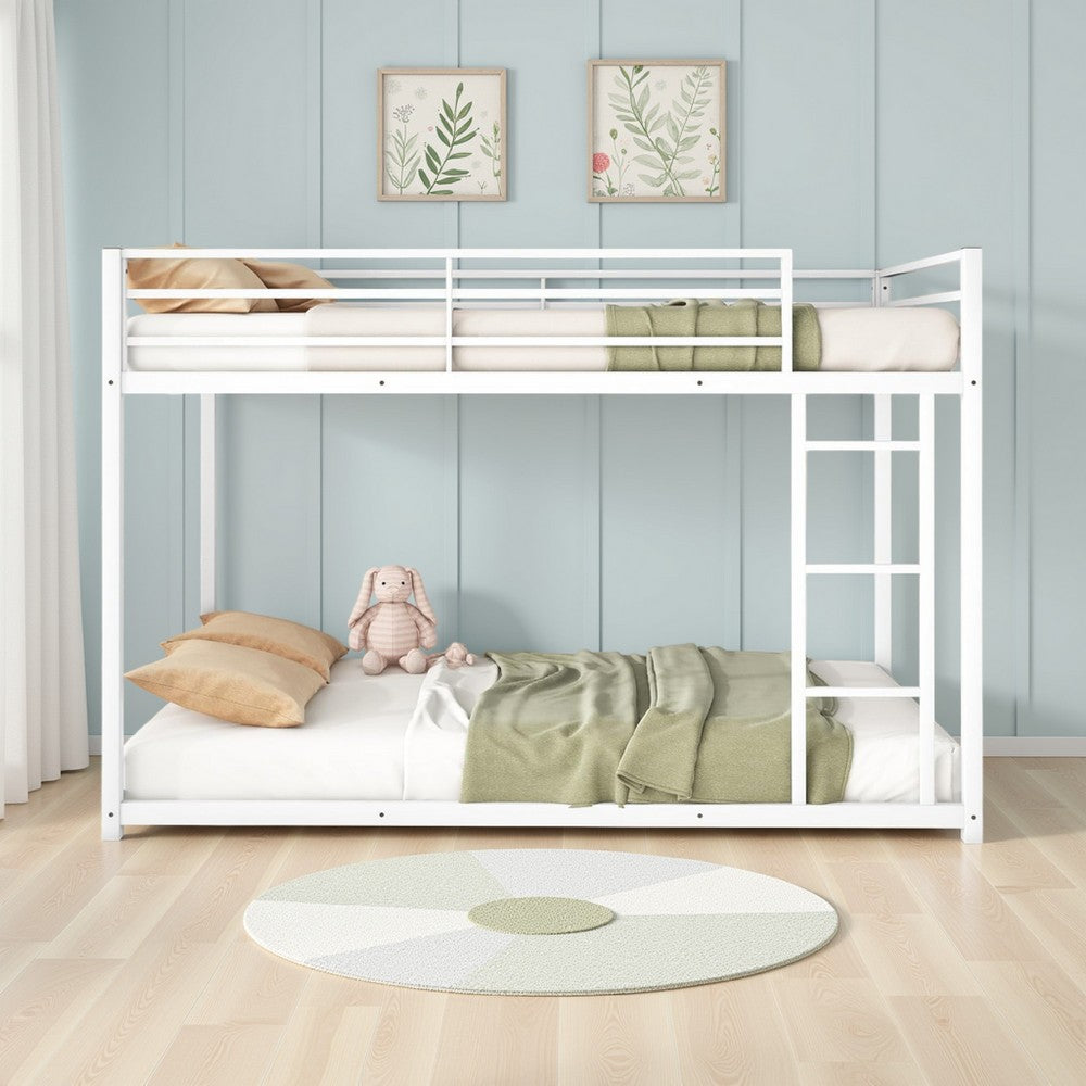 Benjara Ovi 78 Inch Twin Bunk Bed, Mounted Ladder, Ground Level Platform Bed, White