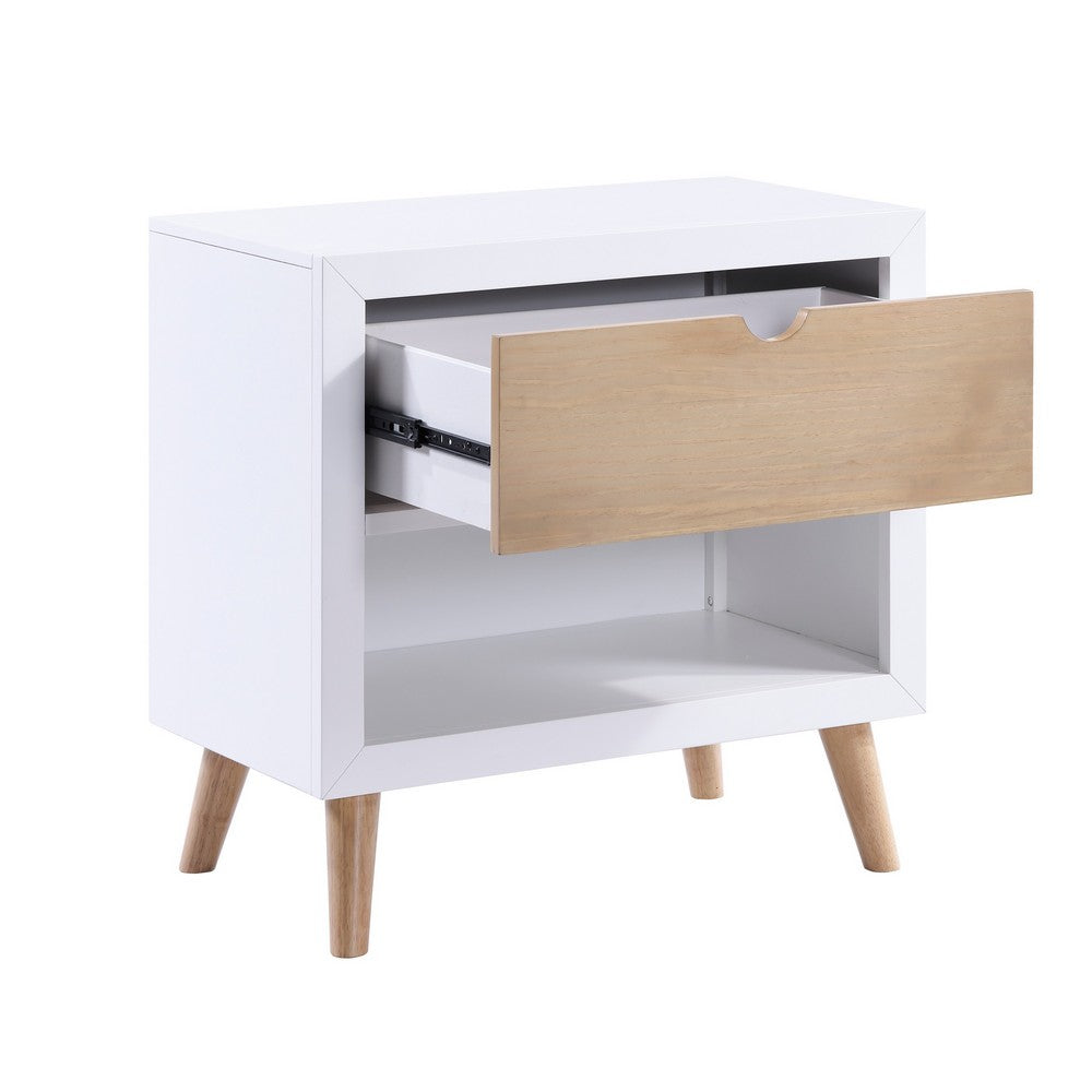 Benjara Kara 27 Inch Kids Nightstand, 1 Drawer, 1 Storage Cubby, White, Brown Wood