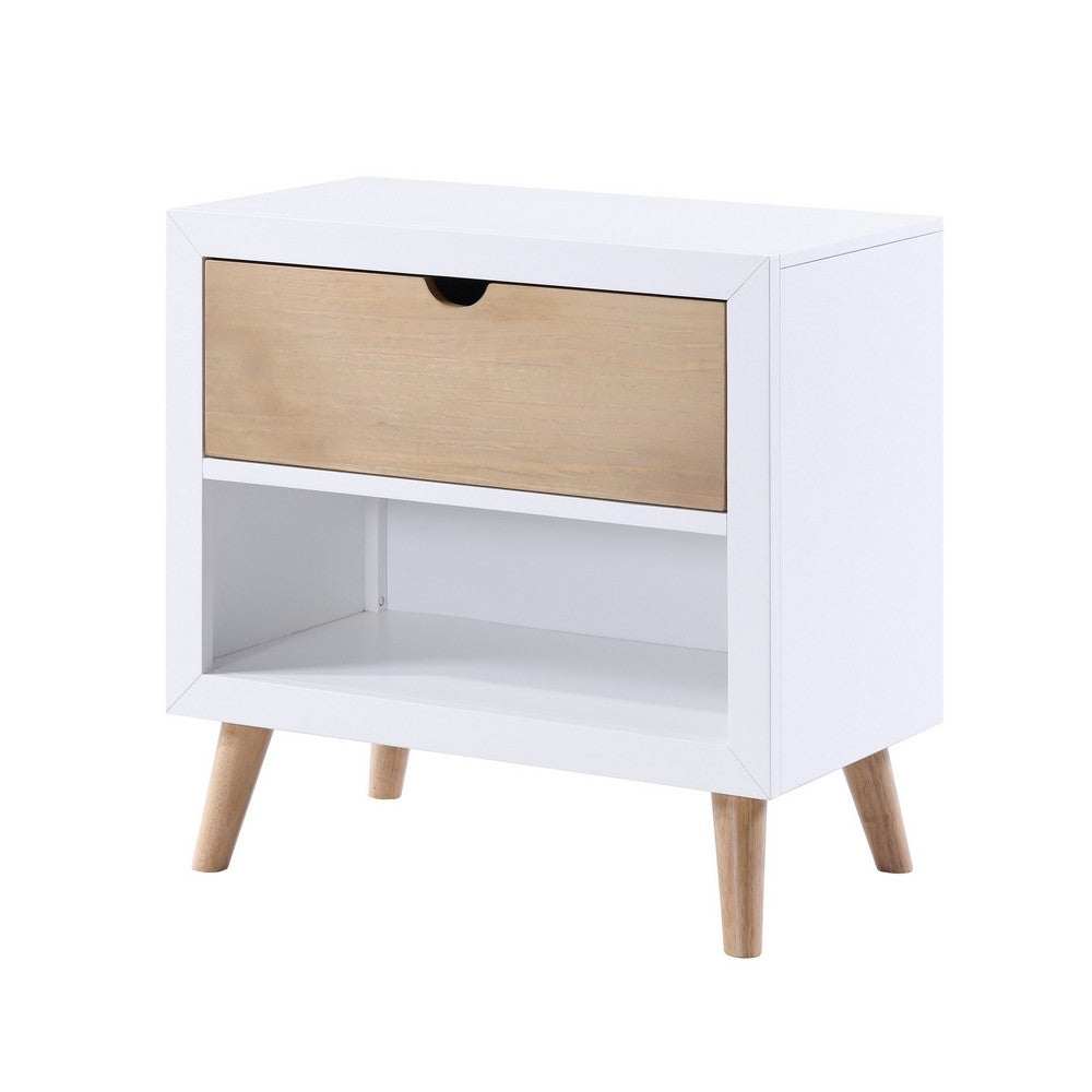 Benjara Kara 27 Inch Kids Nightstand, 1 Drawer, 1 Storage Cubby, White, Brown Wood