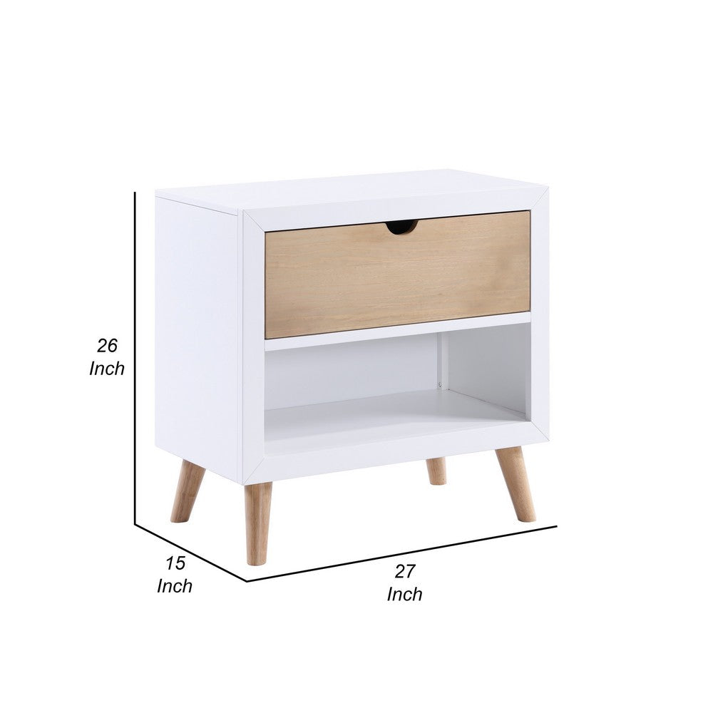 Benjara Kara 27 Inch Kids Nightstand, 1 Drawer, 1 Storage Cubby, White, Brown Wood