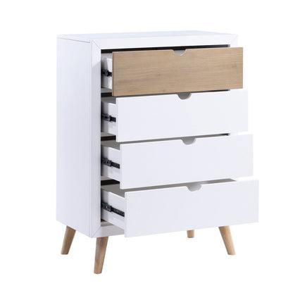 Benjara Kara 40 Inch Kids Tall Dresser Chest, 4 Drawers, Open Handles, White, Brown