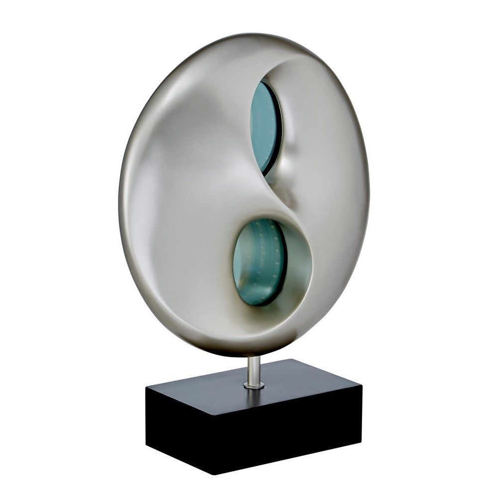 Benjara Nila 20 Inch LED Table Lamp, Black Silver Polyresin Orb Sphere, Block Base