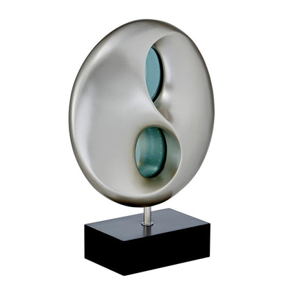 Benjara Nila 20 Inch LED Table Lamp, Black Silver Polyresin Orb Sphere, Block Base