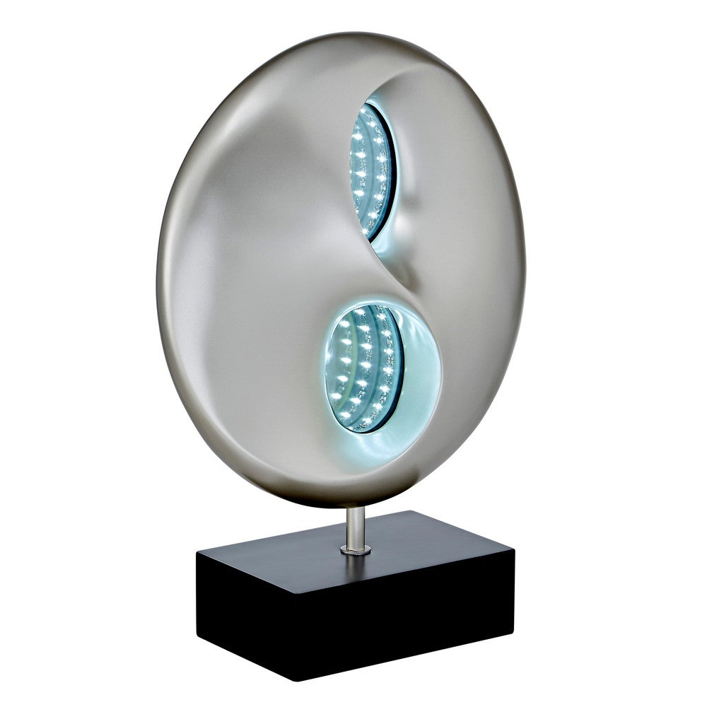 Benjara Nila 20 Inch LED Table Lamp, Black Silver Polyresin Orb Sphere, Block Base