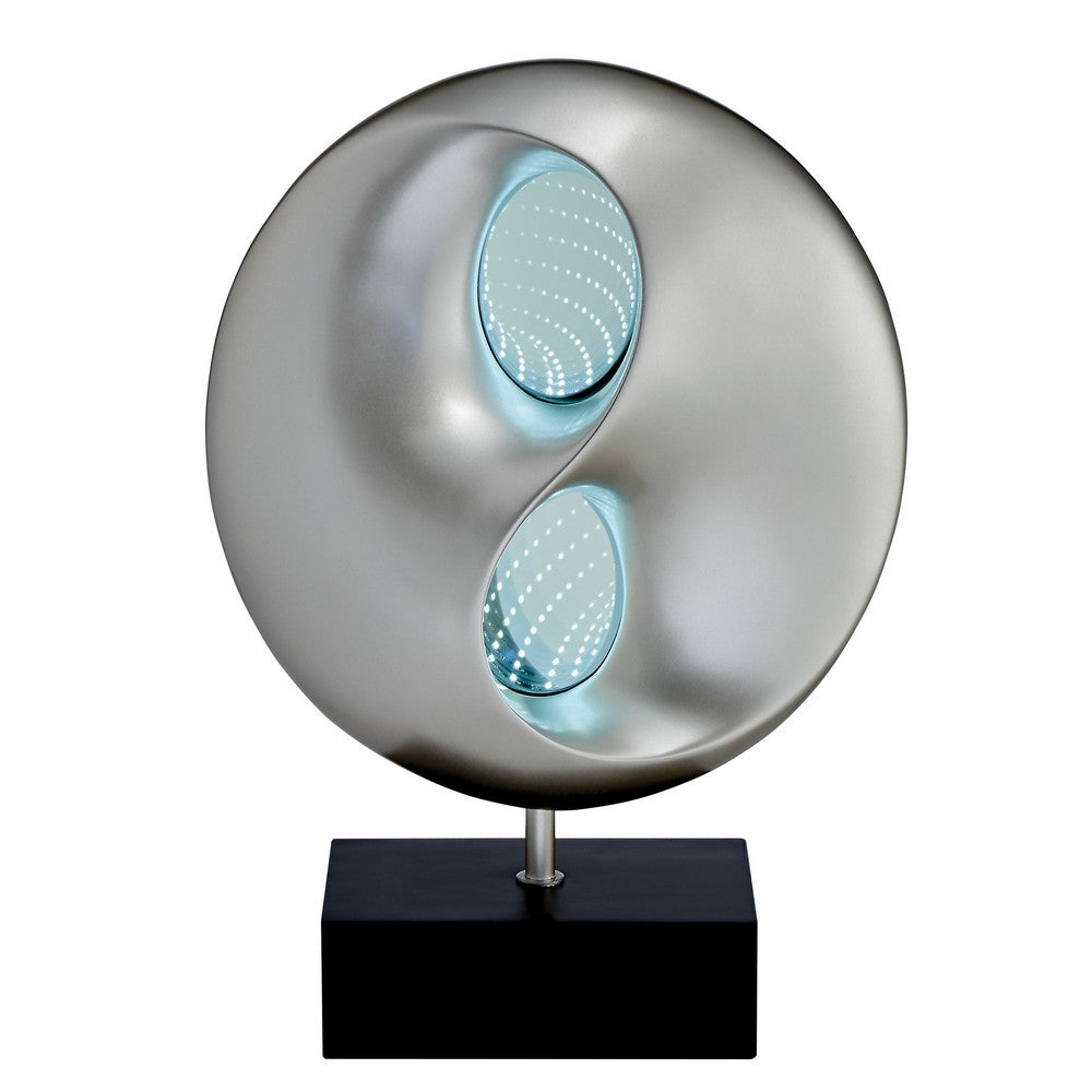 Benjara Nila 20 Inch LED Table Lamp, Black Silver Polyresin Orb Sphere, Block Base