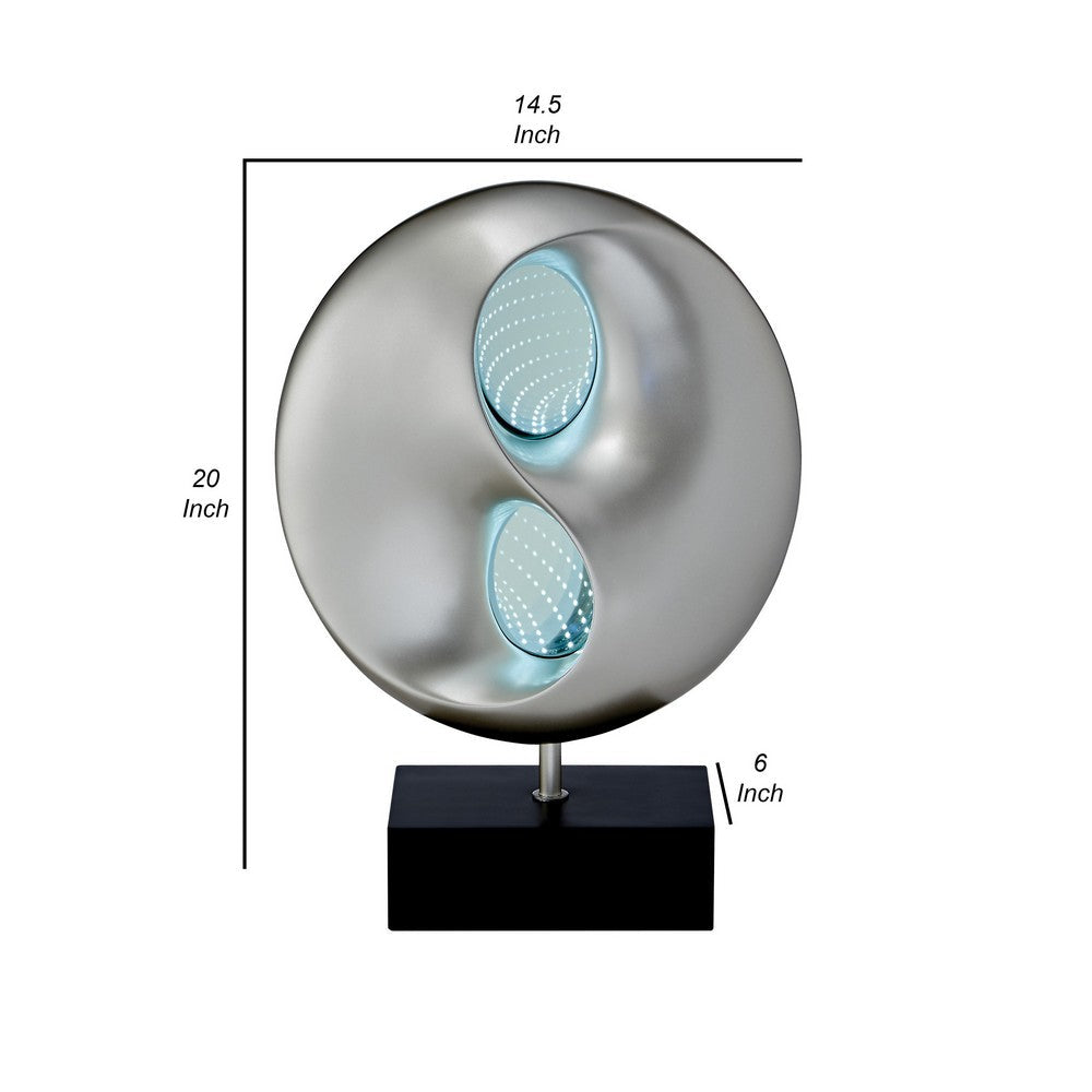 Benjara Nila 20 Inch LED Table Lamp, Black Silver Polyresin Orb Sphere, Block Base