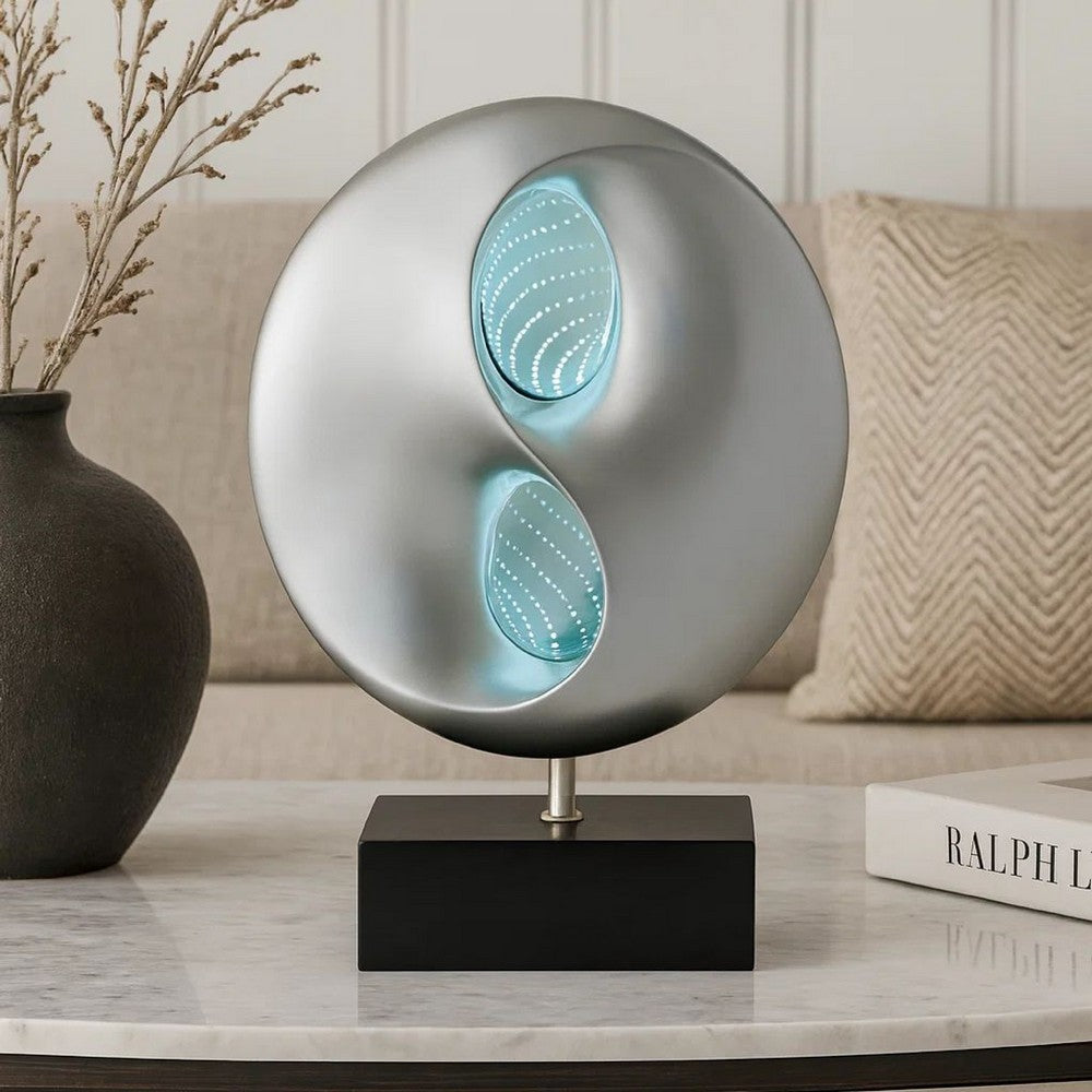 Benjara Nila 20 Inch LED Table Lamp, Black Silver Polyresin Orb Sphere, Block Base