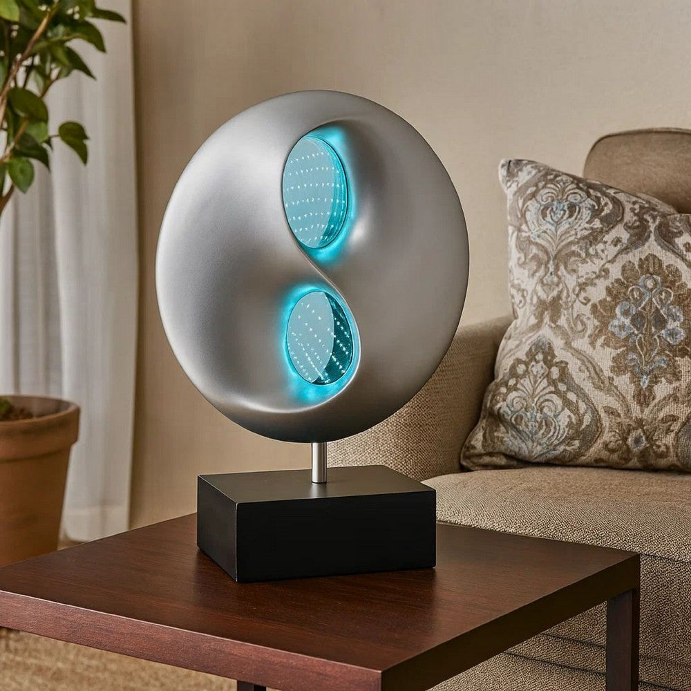 Benjara Nila 20 Inch LED Table Lamp, Black Silver Polyresin Orb Sphere, Block Base