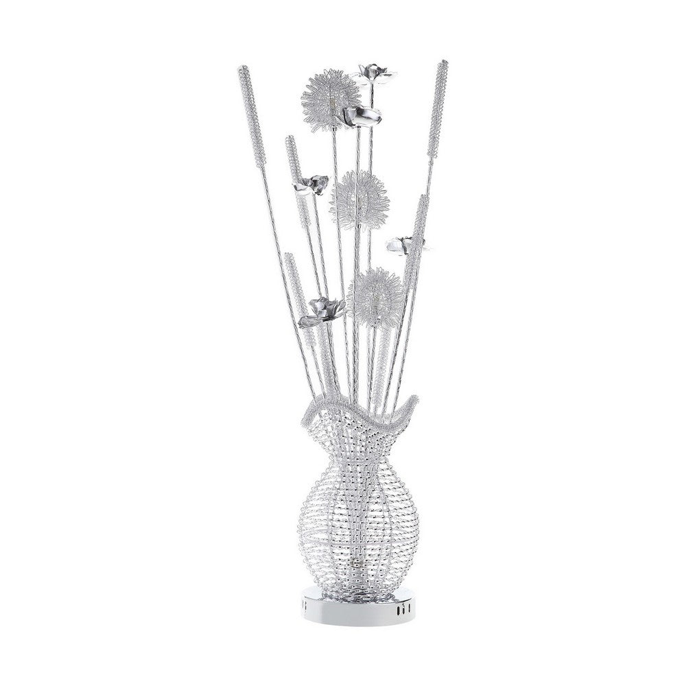 Benjara Bella 36 Inch Vase Accent Table Lamp, Filament Flowers LED Light, Chrome