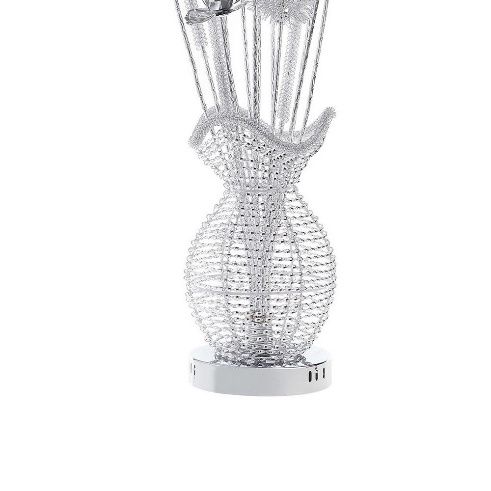 Benjara Bella 36 Inch Vase Accent Table Lamp, Filament Flowers LED Light, Chrome