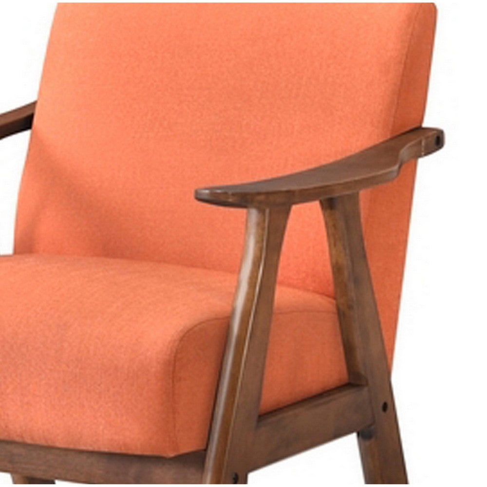 Benjara Stella 26 Inch Counter Height Chair, Orange Fabric, Cushions, Brown Wood