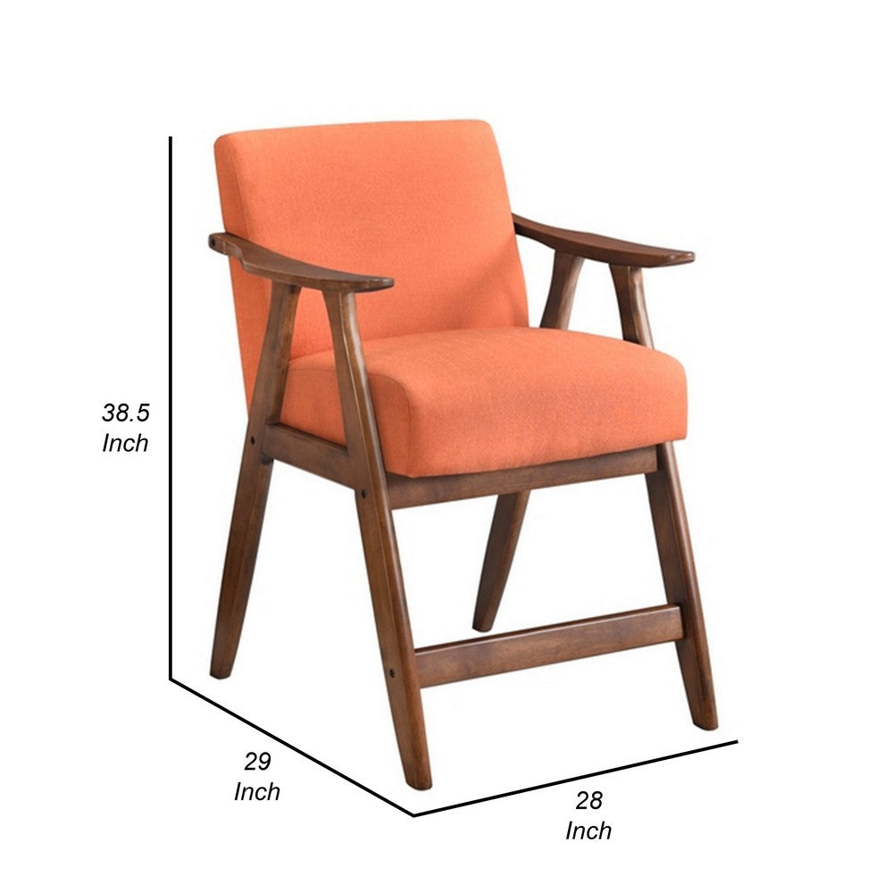 Benjara Stella 26 Inch Counter Height Chair, Orange Fabric, Cushions, Brown Wood