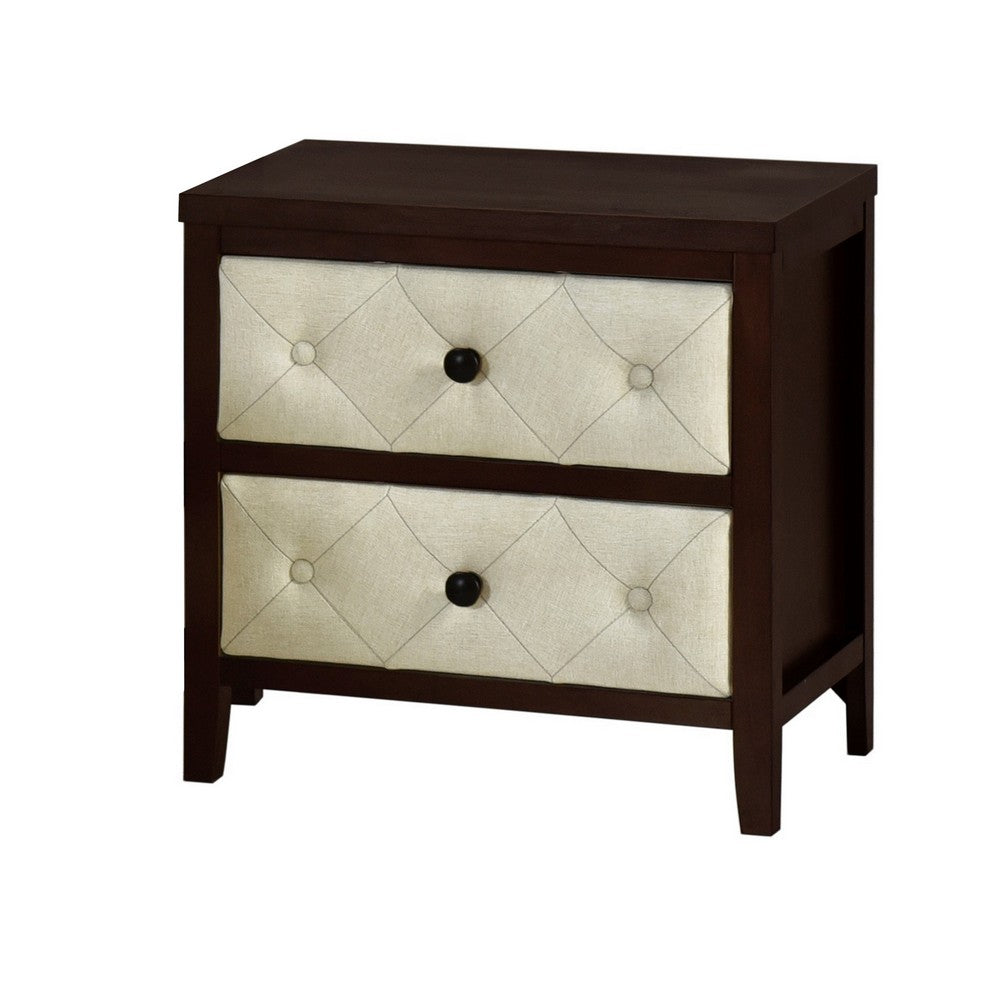 Benjara Moni 24 Inch Nightstand, 2 Drawers, Beige, Cherry Espresso Brown Wood Frame