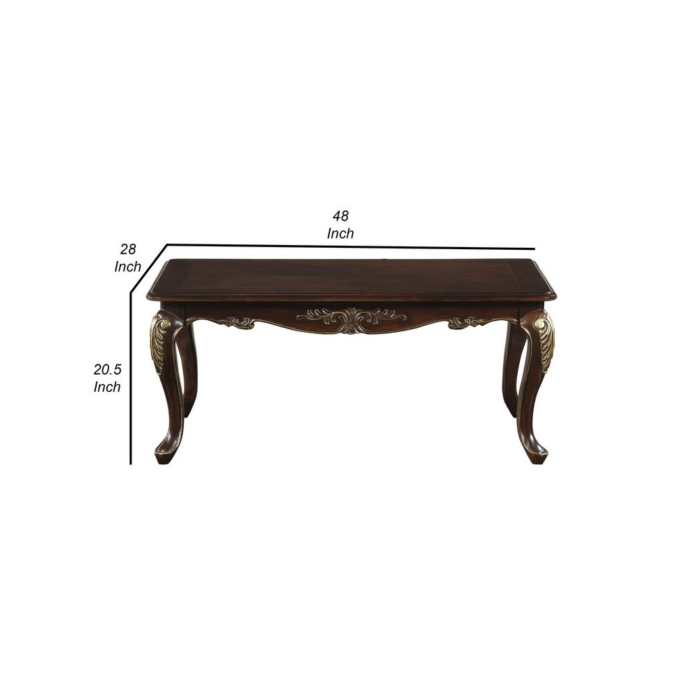 Benjara Croy 48 Inch Coffee Table, Rectangular Top, Cabriole Legs, Cherry Brown