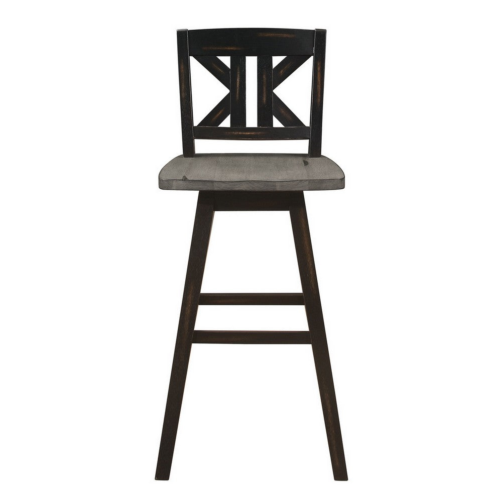 Benjara Ati 29 Inch Bar Height Stool Swivel Chairs Set of 2, X Back, Distressed Gray, Black