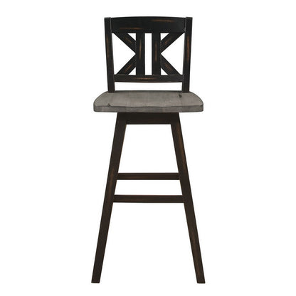Benjara Ati 29 Inch Bar Height Stool Swivel Chairs Set of 2, X Back, Distressed Gray, Black