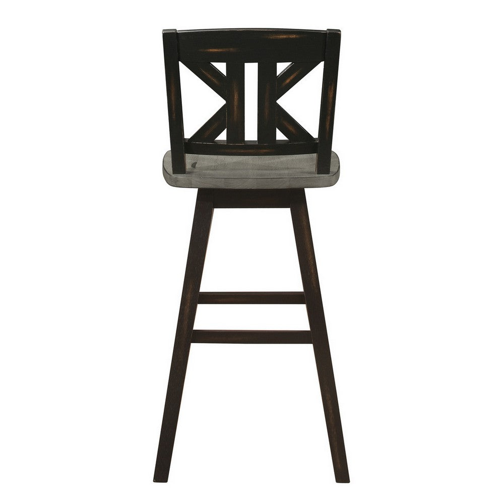 Benjara Ati 29 Inch Bar Height Stool Swivel Chairs Set of 2, X Back, Distressed Gray, Black