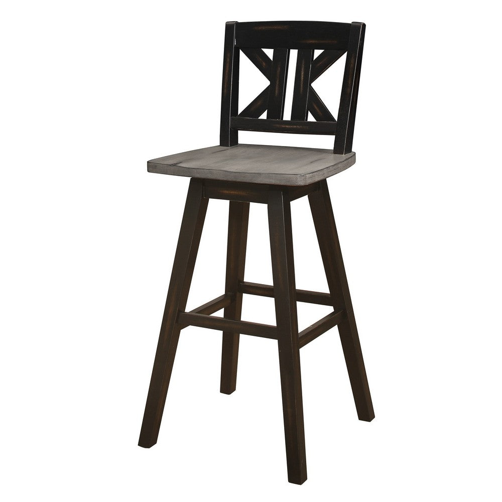 Benjara Ati 29 Inch Bar Height Stool Swivel Chairs Set of 2, X Back, Distressed Gray, Black