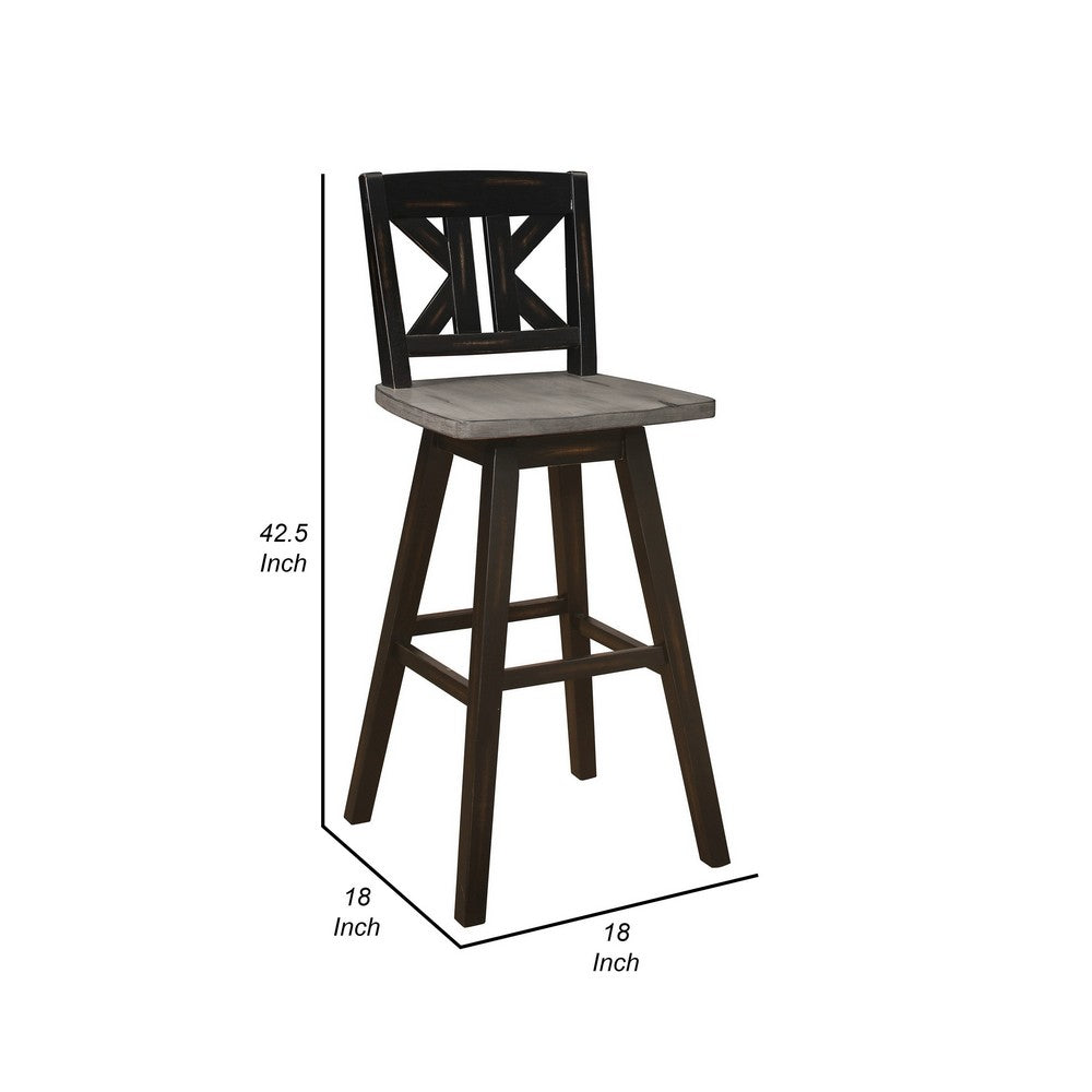 Benjara Ati 29 Inch Bar Height Stool Swivel Chairs Set of 2, X Back, Distressed Gray, Black