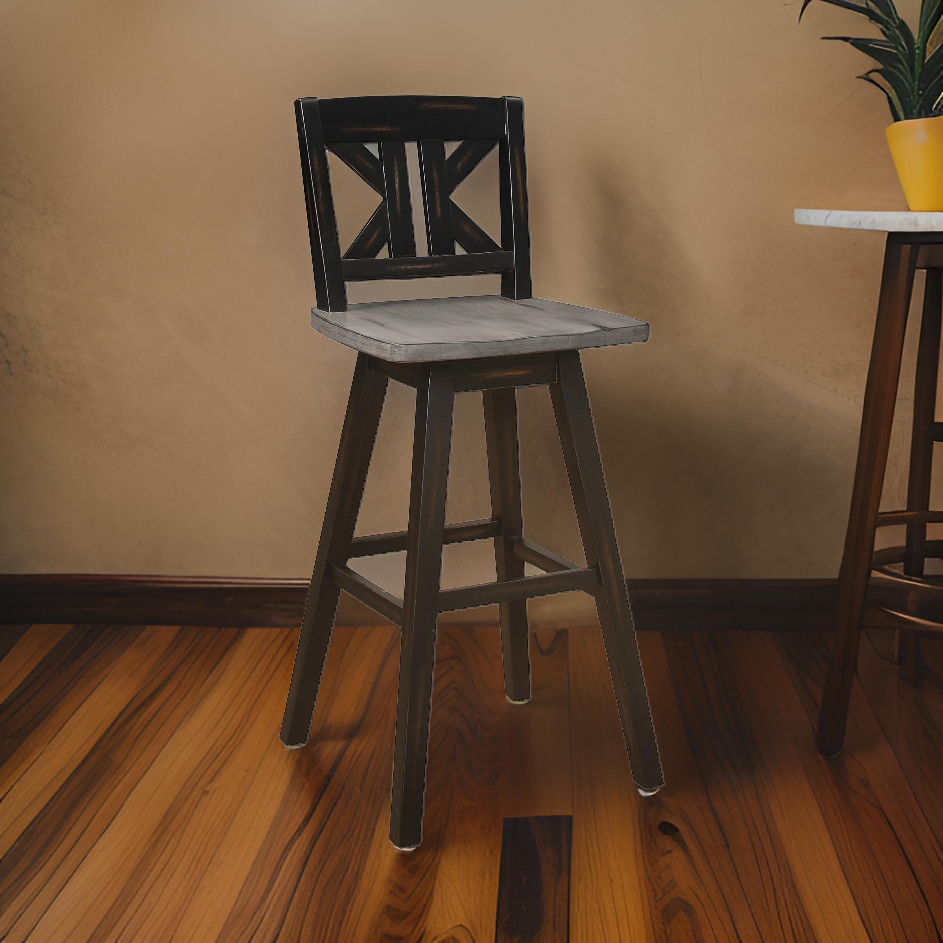 Benjara Ati 29 Inch Bar Height Stool Swivel Chairs Set of 2, X Back, Distressed Gray, Black