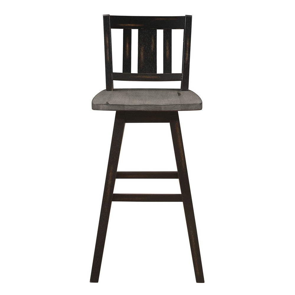 Benjara Ati 29 Inch Bar Height Stool Swivel Chairs Set of 2, Vertical Slat Back, Gray, Black