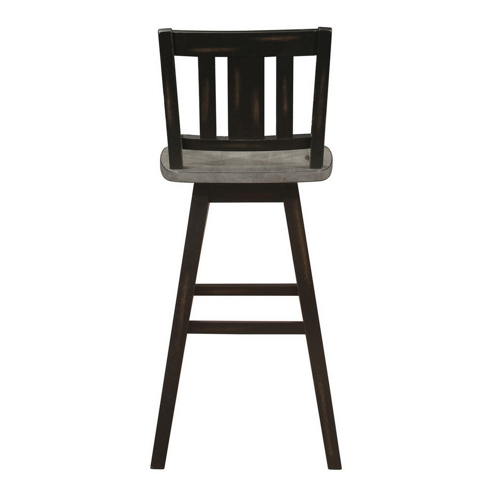 Benjara Ati 29 Inch Bar Height Stool Swivel Chairs Set of 2, Vertical Slat Back, Gray, Black