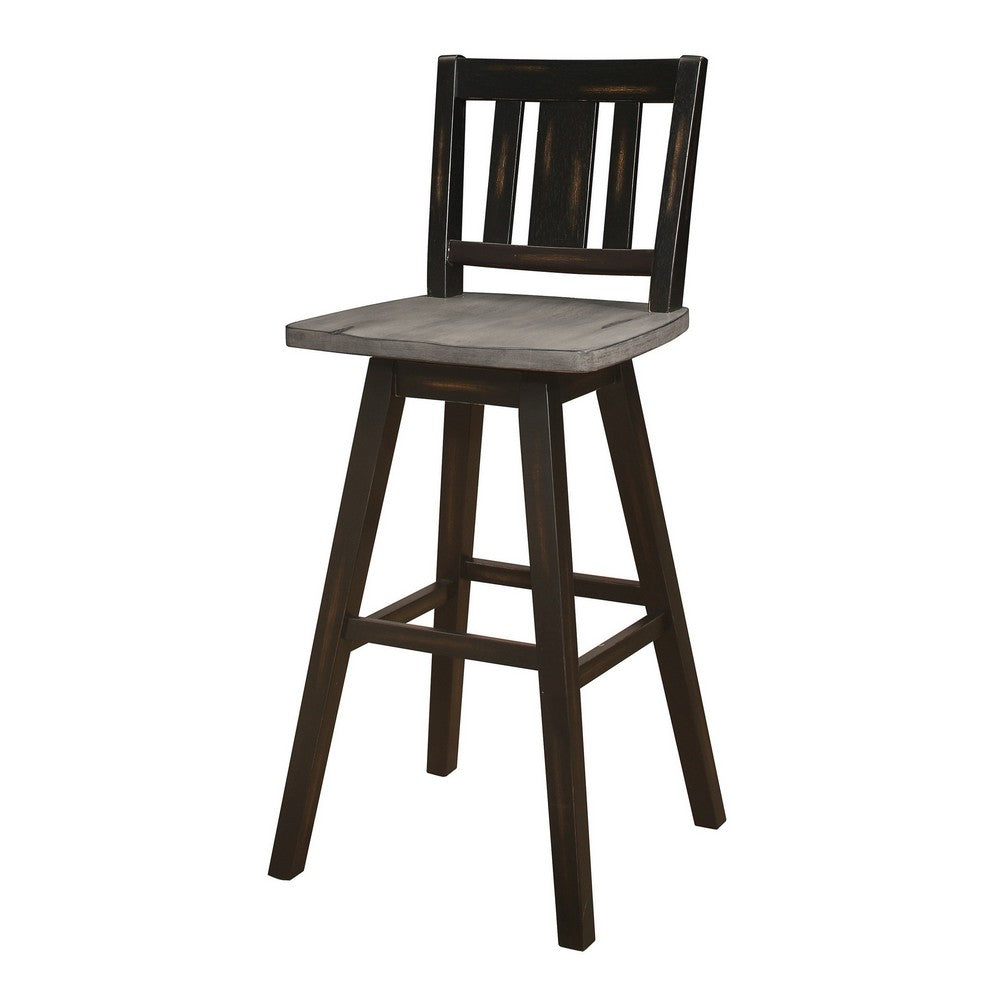 Benjara Ati 29 Inch Bar Height Stool Swivel Chairs Set of 2, Vertical Slat Back, Gray, Black