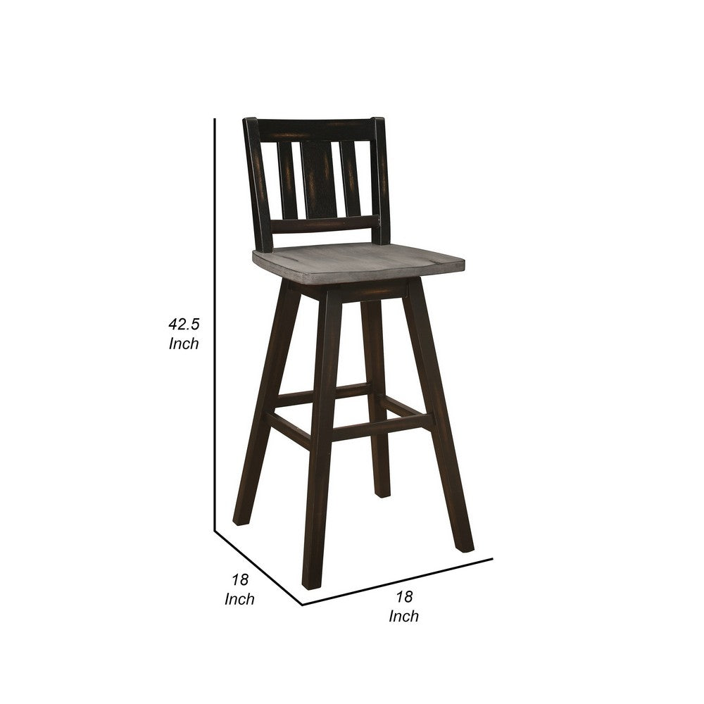 Benjara Ati 29 Inch Bar Height Stool Swivel Chairs Set of 2, Vertical Slat Back, Gray, Black