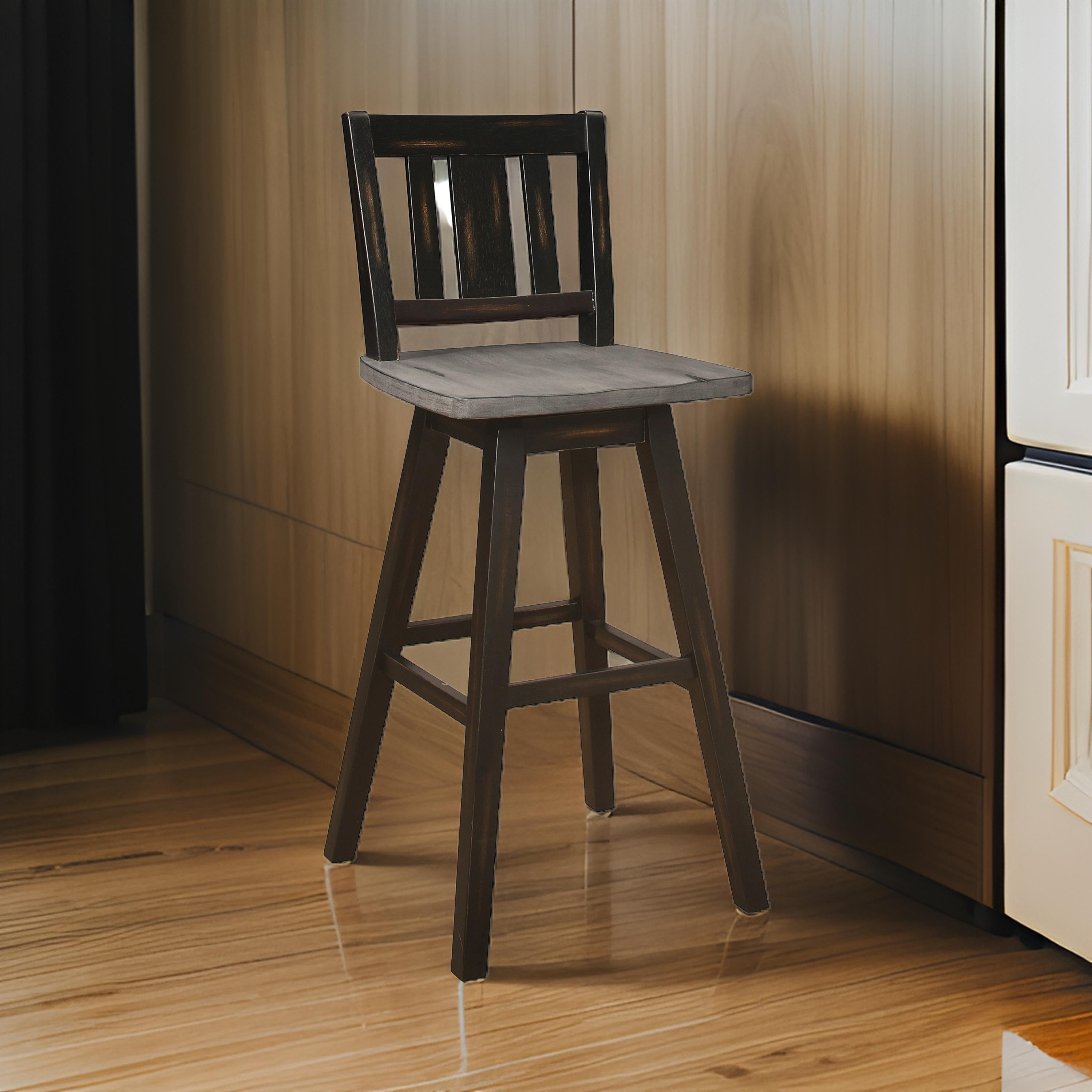 Benjara Ati 29 Inch Bar Height Stool Swivel Chairs Set of 2, Vertical Slat Back, Gray, Black