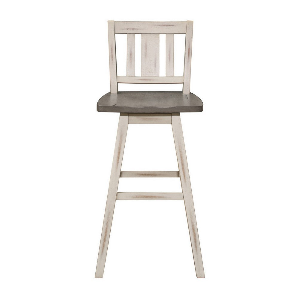 Benjara Ati 29 Inch Bar Height Stool Swivel Chairs Set of 2, Vertical Slat Back, Gray, White