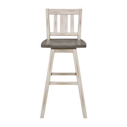 Benjara Ati 29 Inch Bar Height Stool Swivel Chairs Set of 2, Vertical Slat Back, Gray, White