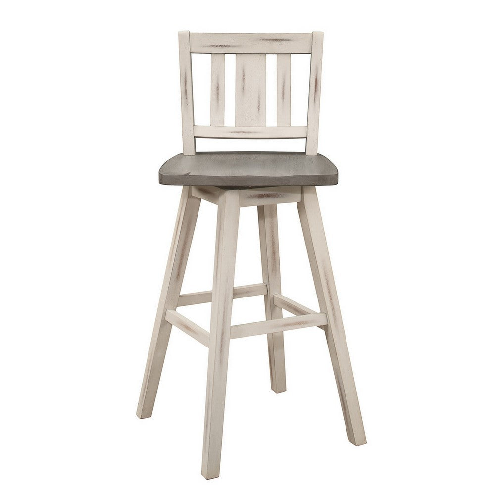 Benjara Ati 29 Inch Bar Height Stool Swivel Chairs Set of 2, Vertical Slat Back, Gray, White
